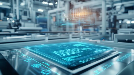 Aufkleber - Futuristic digital interface on modern industrial equipment in a high-tech manufacturing facility, showcasing innovative technology.