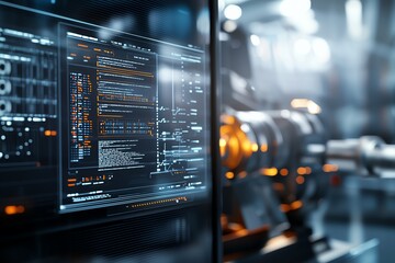 Aufkleber - Futuristic technology interface displaying digital code and analytics in a modern industrial setting. High-tech engineering innovation concept.