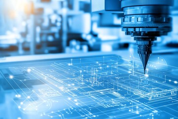 Poster - High-tech industrial CNC machine operating in a modern factory, highlighting precision engineering and advanced technology processes.