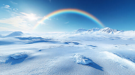 Winter, landscape and rainbow in Mountain forest with snow on trees in countryside, environment or woods. Sunshine, clouds or peace in nature with colors in sky like heaven