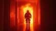© Chaikit - heroic firefighter rescue, intense flame engulfed doorway, billowing smoke, child carried to safety, yellow helmet gleaming, dramatic lighting, cinematic composition