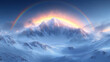 © fadi - Winter, landscape and rainbow in Mountain forest with snow on trees in countryside, environment or woods. Sunshine, clouds or peace in nature with colors in sky like heaven