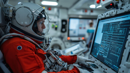 Poster - Astronaut in red suit focused on computer screens, conducting experiments in spacecraft. environment is high tech and futuristic, showcasing space exploration