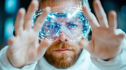Aufkleber - Immersed in virtual reality experience, astronaut reaches out with both hands, showcasing advanced technology and focused expression. scene captures blend of space exploration and digital innovation
