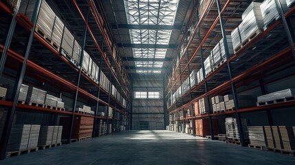 Warehouse industrial and logistics companies. Commercial warehouse. Huge distribution warehouse with high shelves. Bottom view.