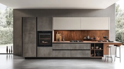 Modern kitchen design featuring sleek cabinetry and appliances in a minimalist setting.