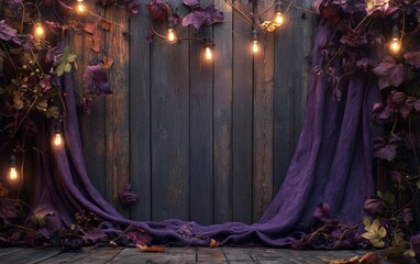 Wall Mural - Moody autumn scene with hanging string lights, dark wooden wall, and draped purple fabric with decorative leaves.