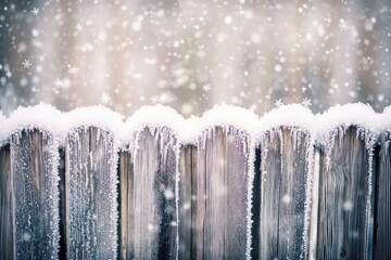 a wooden fence covered in frost with snowflakes delicately resting on the weathered wood