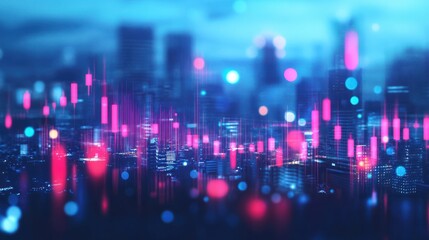 Poster - abstract glowing big data forex candlestick chart on blurry city backdrop. trade, technology, invest