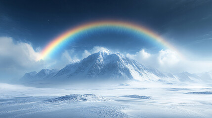 Rainbow with snowy mountains in the background and green trees in foreground. morning in Switzerland alps. Mist and fog rising in the morning.
