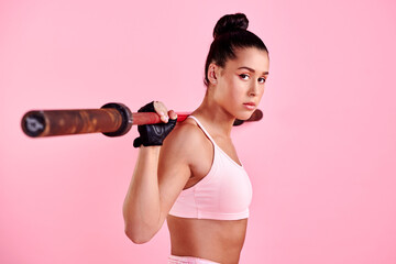 Training, barbell and portrait with woman in studio for wellness, weightlifting and challenge. Exercise, workout and fitness with person on pink background for muscle, performance and sports athlete