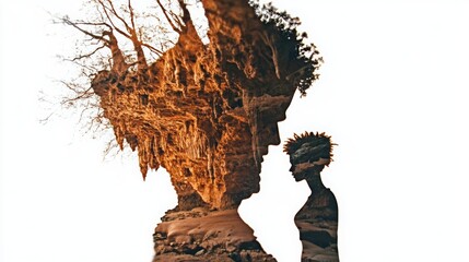 Artistic double exposure of two silhouettes facing each other, merged with cave textures and tree branches, symbolizing nature and connection.