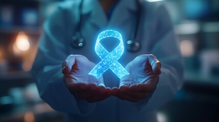 A close-up illustration of a doctor’s hands gently holding a glowing blue ribbon, with the background featuring a softly blurred medical office. The ribbon emits a soft blue light,