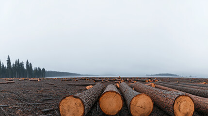 photograph of clear cut area, showcasing vast expanse of felled trees and logs. landscape is serene yet stark, highlighting impact of logging on environment