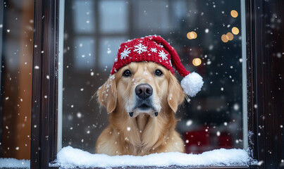 Pet Ridgeback dog wearing santa claus hat, sitting by a window with snowing background