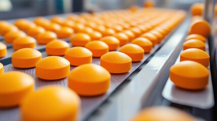 Poster - Orange tablets on conveyor belt, manufacturing process, industrial setting