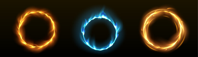 Poster - abstract ring with yellow and blue fire flames on black background. realistic 3d vector set of cold 