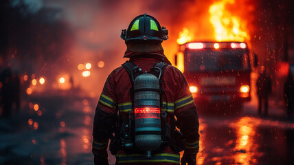 Firefighter preparing to enter burning structure, with fire truck