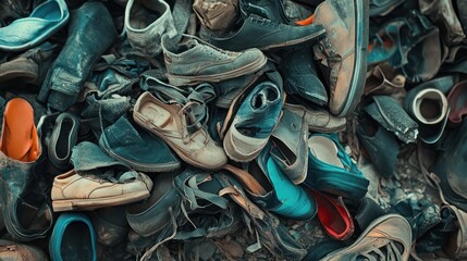 a chaotic pile of discarded shoes, showcasing waste and environmental concerns.