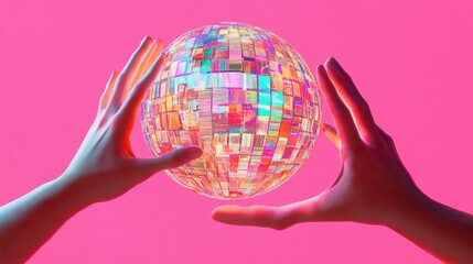 Poster - Two hands reach towards a digital sphere of abstract patterns against a pink background.