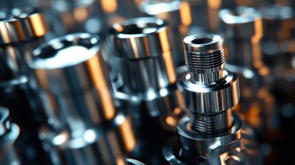 a batch of shiny metal cnc aerospace parts production - close-up with selective focus for industrial background