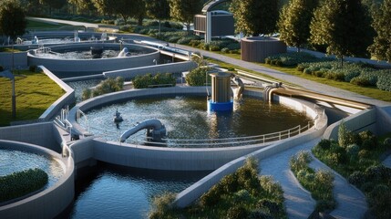 A modern wastewater treatment facility with circular tanks and green landscaping.