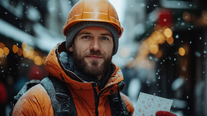 construction worker on a building site. He is wearing a hard hat and holding a Christmas card in his hand