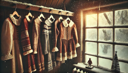 Nostalgic holiday charm vintage christmas outfits elegantly displayed by a frosty window with snowflakes falling outside