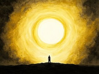 Wall Mural - Man in silhouette in front of a bright, glowing sun.