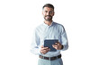 © ty - portrait young businessman standing and working on digital tablet on a transparent background