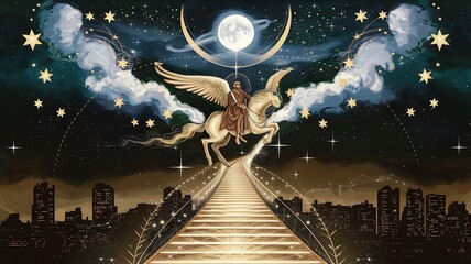Poster - A mystical depiction of the night journey an ethereal encounter with celestial beings on a winged steed under the moonlight