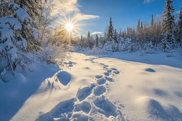 Canvas Print - Sunlight filtering through snowy trees