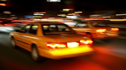 Yellow Taxi Cab Driving at Night with Motion Blur and City Lights