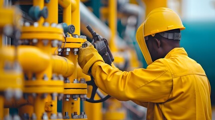 Close up shot of workers expertly welding metal pipes together in a gas processing facility surrounded by various industrial equipment and machinery used for the manufacturing and production process