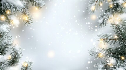 Wall Mural - white christmas background with spruce frosty brunches and christmas lights