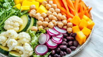 Wall Mural - A colorful and vibrant salad bowl filled with fresh ingredients, including chickpeas, black beans, mango, cauliflower, zucchini, radishes, and carrots.