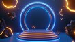 © Chaikit - futuristic circular podium, glowing neon blue rings, golden accents, deep blue backdrop, floating particles, 3d render, photorealistic