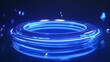 © Chaikit - futuristic circular podium, glowing neon blue rings, golden accents, deep blue backdrop, floating particles, 3d render, photorealistic