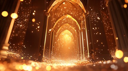 opulent award ceremony backdrop, glowing amber arches, sparkling dust, rich chocolate-brown setting, dramatic lighting effects, 3d digital art