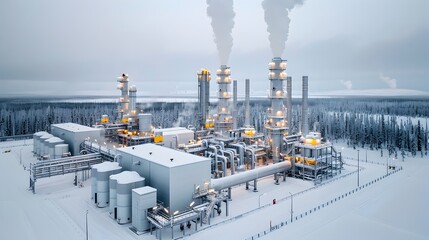 Majestic gas processing plant with towering metallic chimneys releasing billowing steam into the cloudy sky showcasing the industrial and technological infrastructure of energy production