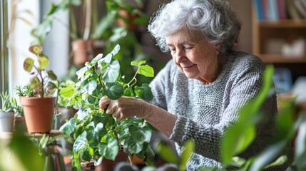 An elderly woman tending to her indoor plants, watering them and gently pruning leaves in a cozy living room.