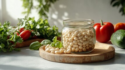 Wall Mural - A glass jar filled with white beans is placed on a wooden cutting board. There are fresh vegetables like tomatoes, cucumbers, and basil around the jar.