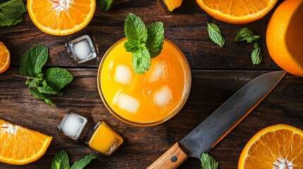 Wall Mural - A glass of freshly squeezed orange juice with ice and mint on a rustic wooden table, surrounded by orange slices and a knife.