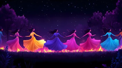 A festive vector illustration of a Lohri bonfire with dancing families, colorful clothing, and glowing embers in the night