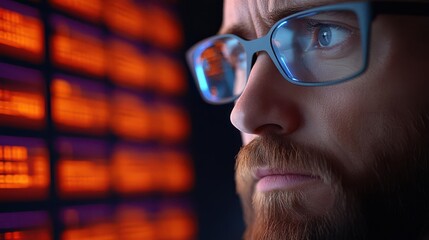 Focused man with glasses analyzes data on a digital screen, surrounded by vibrant orange lights in a tech environment.