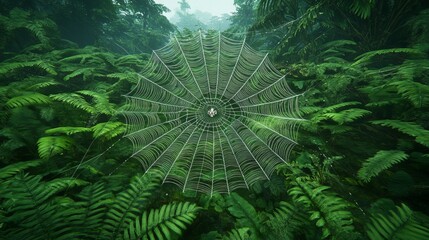 Wall Mural - A large spider web hangs between lush green ferns in a misty jungle.