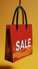 A striking red shopping bag dangles from above, featuring bold white letters that boldly declare a sale, set against a cheerful yellow backdrop