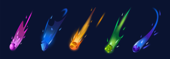 Wall Mural - space comets set isolated on black background. vector cartoon illustration of neon color asteroid ro