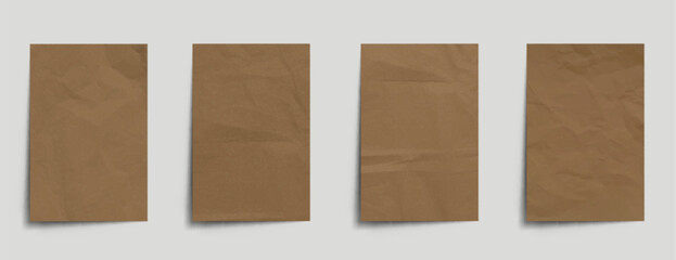 Poster - crumpled brown kraft paper for scrapbook or writing message. realistic 3d illustration vector set of