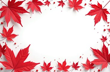 Wall Mural - Bright red maple leaves creating an elegant border with copy space on a clean white background